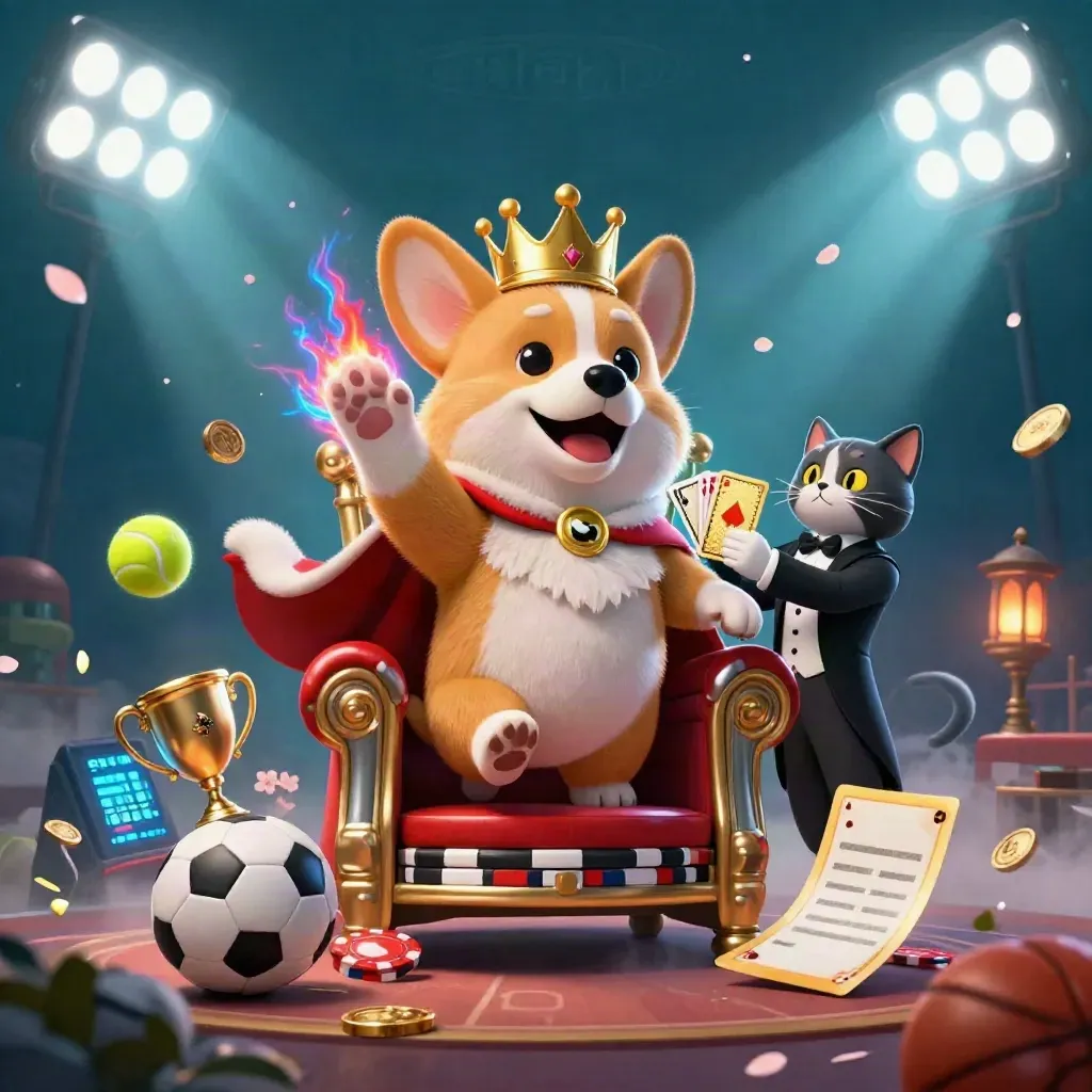 Royal corgi and cat butler amid flying sports balls, coins, trophy, and neon casino glow.