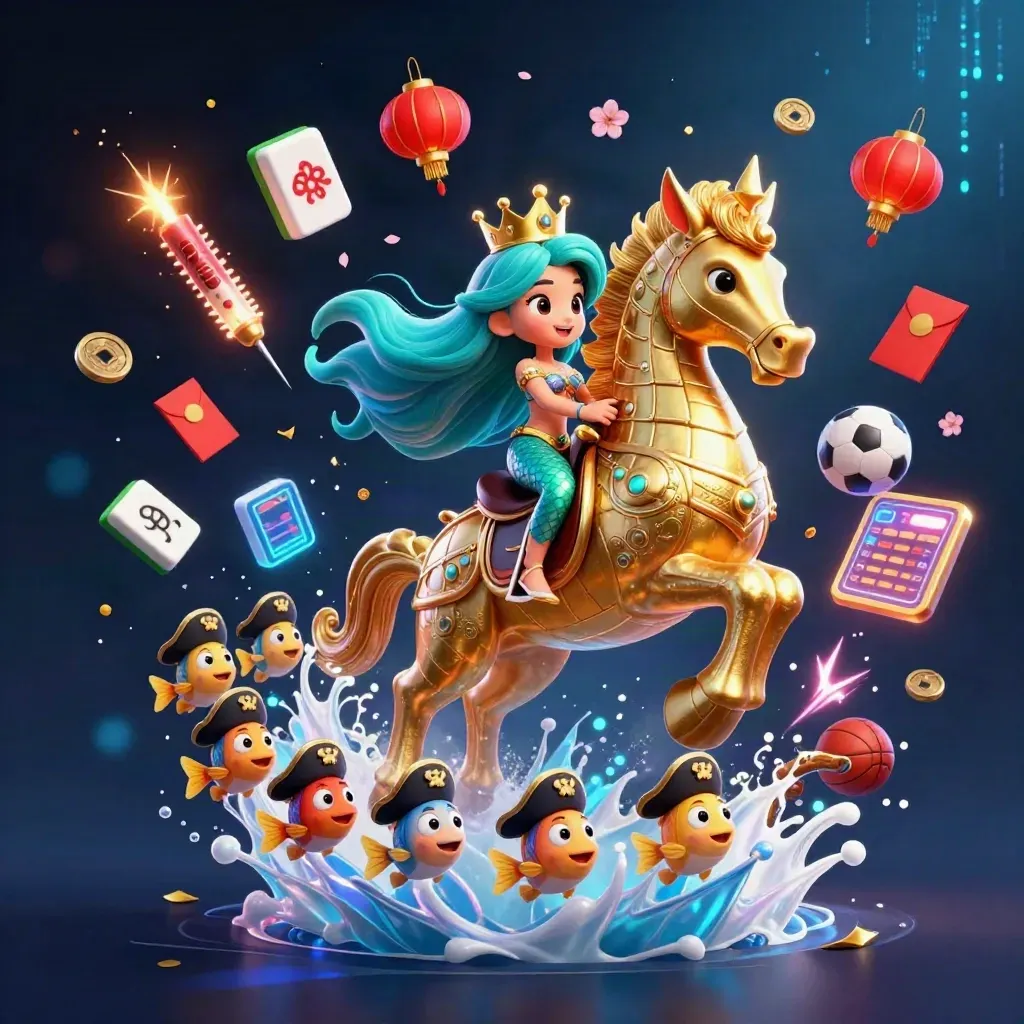 Mermaid princess on armored seahorse amid pirate fish, casino luck objects, and neon energy