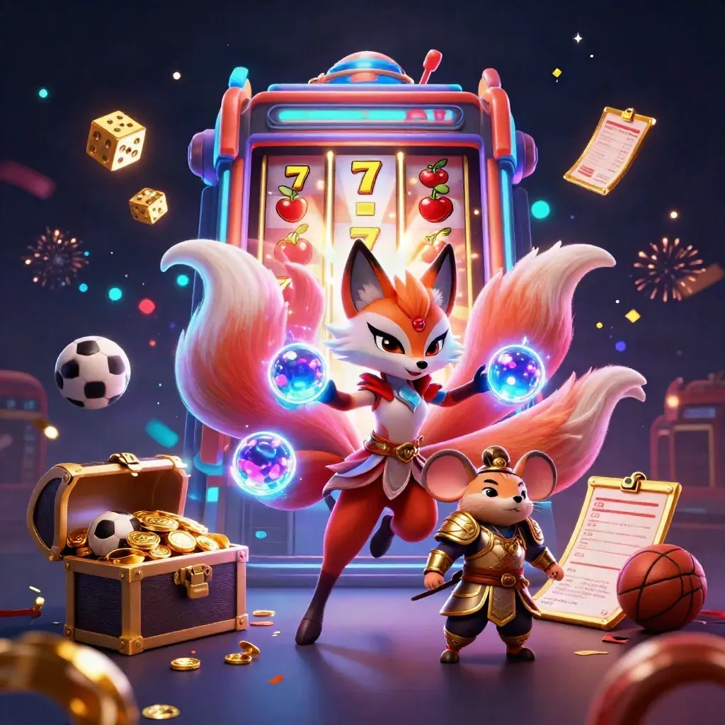 Crimson fox spirit and golden mouse amid slot-machine jackpot, dice, and neon casino energy.