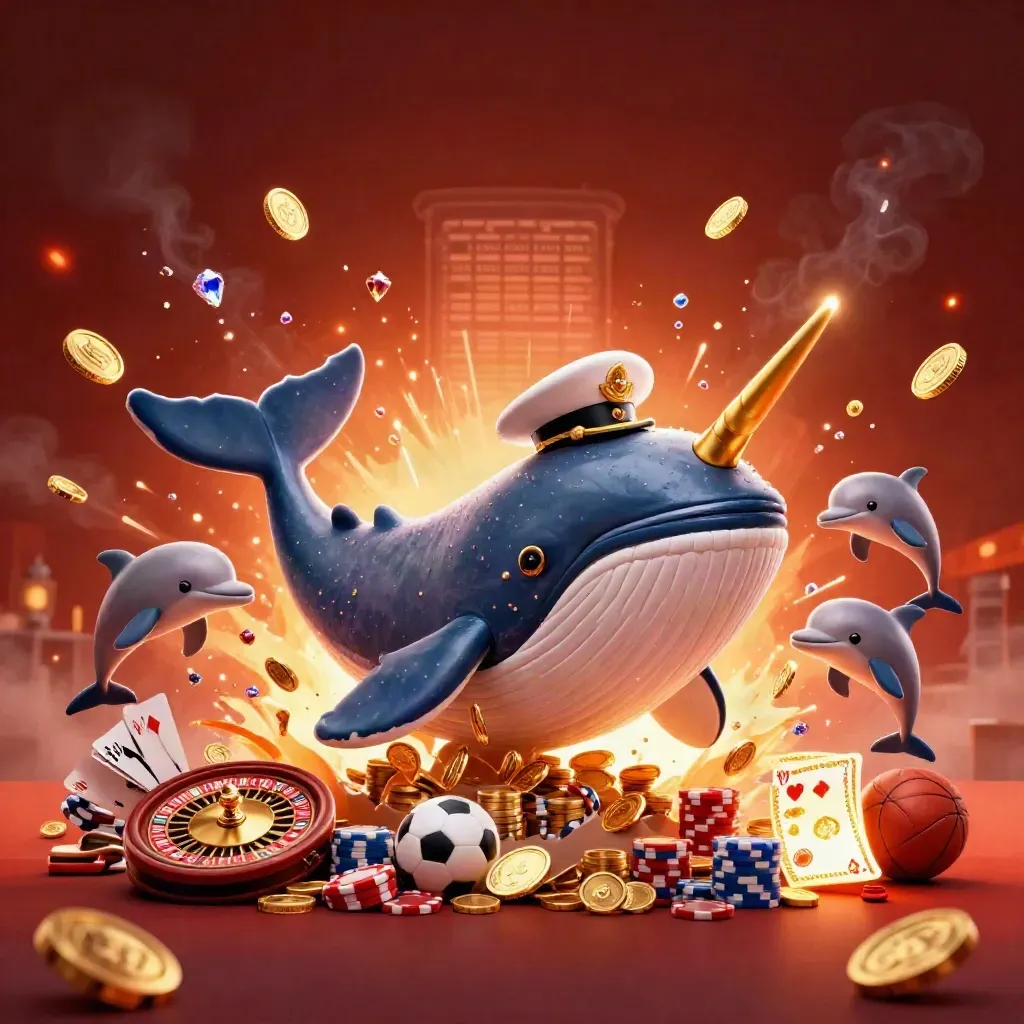 Whale, narwhal, and dolphins burst through coins with roulette, chips, cards, and glowing casino lights.