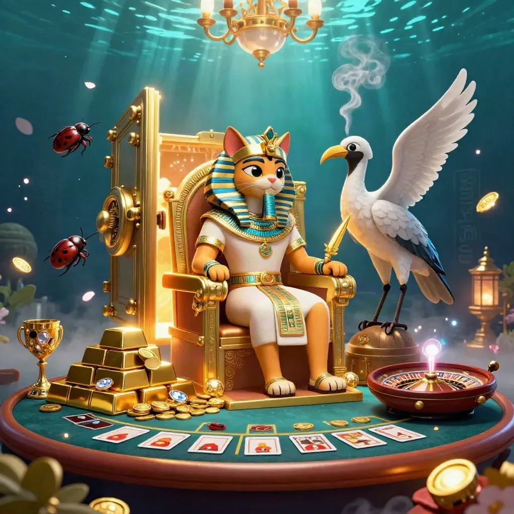 Pharaoh cat, ibis scribe, and gem-winged scarabs in a glowing casino vault with gold and smoke.