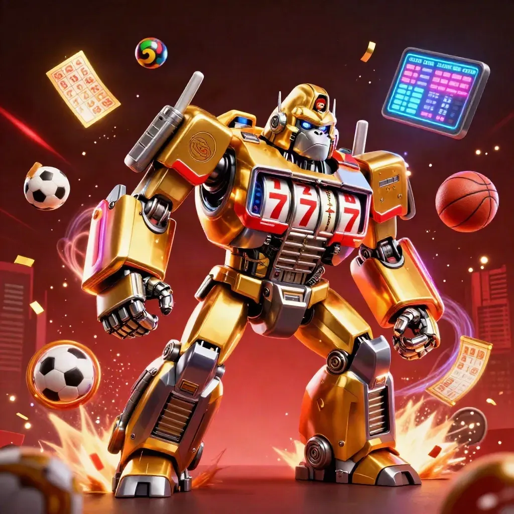 Golden gorilla mech and monkey pilot amid casino lights, lottery balls, confetti, and fireworks.