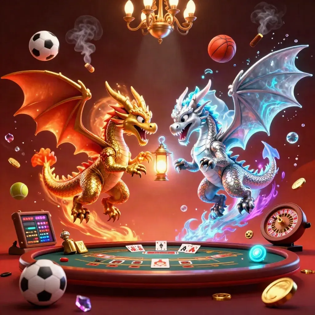 Gold and silver dragons spiral around casino props in crimson neon with chandelier glow.