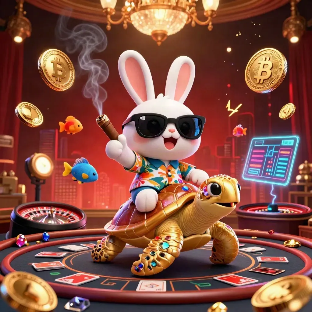 Lucky rabbit on a gem turtle in a luxe casino, with floating crypto coins and neon lights.