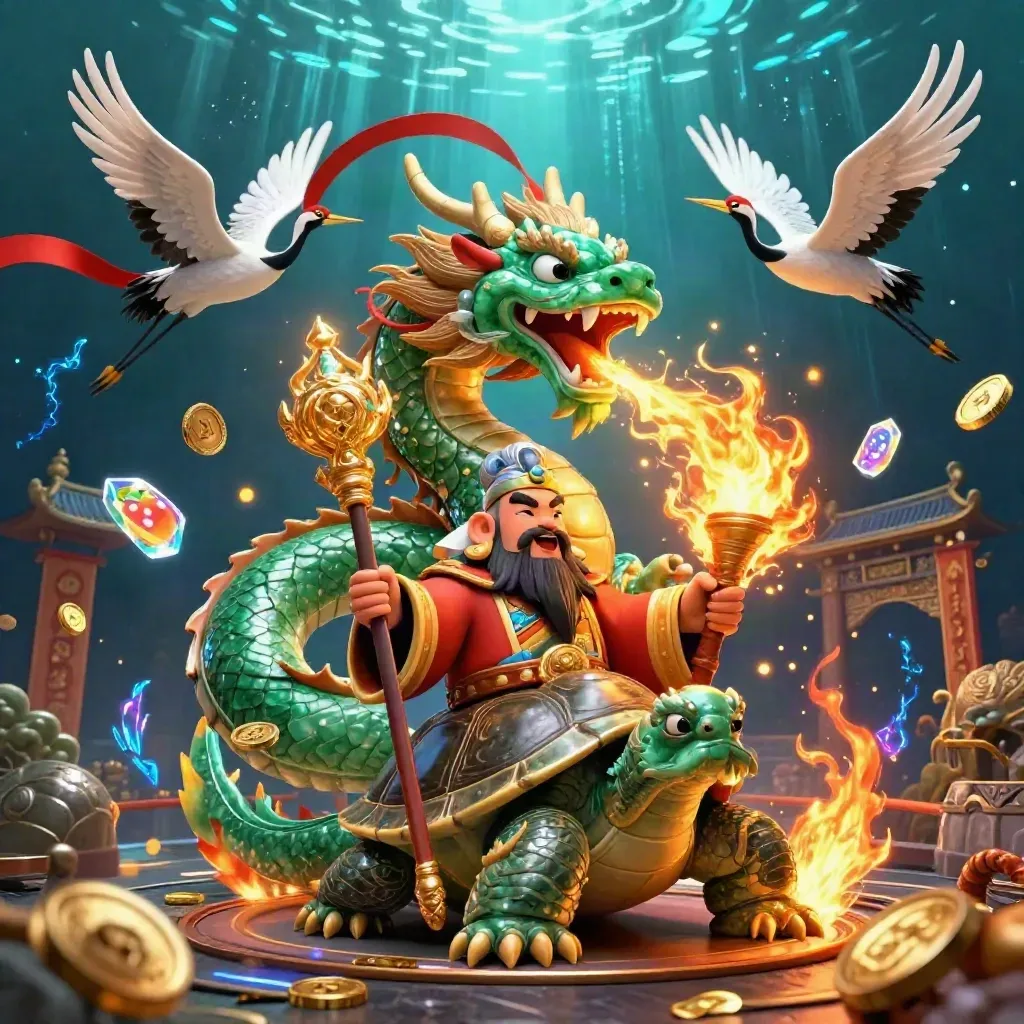 Emerald dragon, turtle sage, and crane spirits amid coins, fire, and neon energy in an underwater temple.