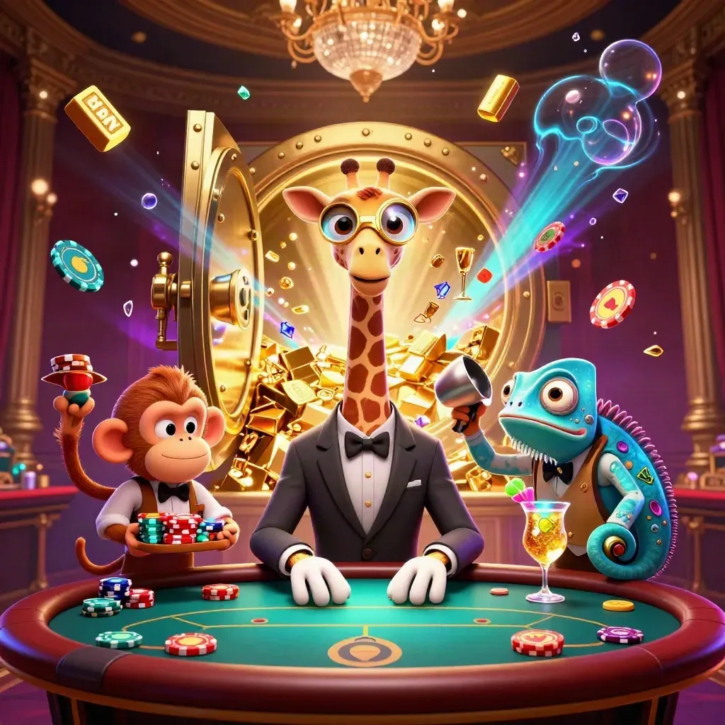 Giraffe, monkey valet, and chameleon bartender amid a vault blast of gold and gems