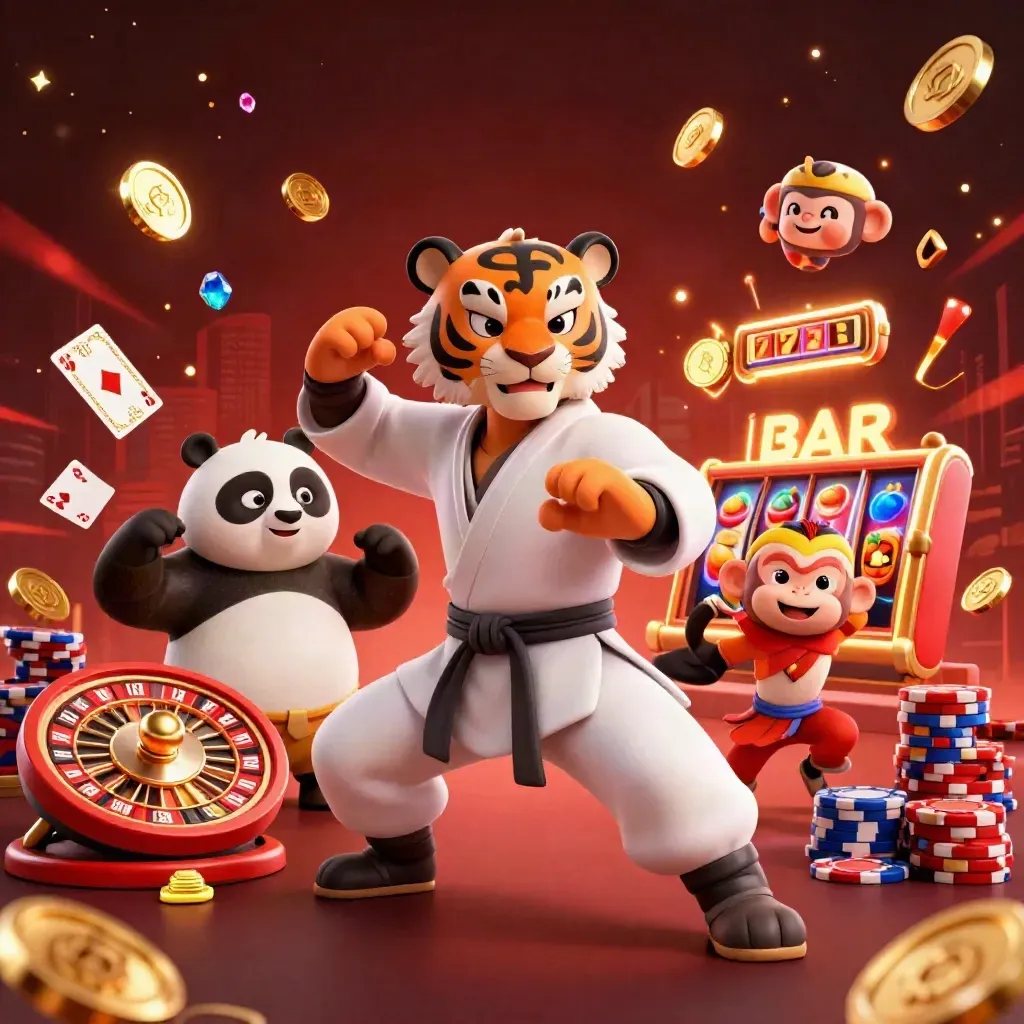 Tiger, panda, and monkey in a crimson casino action scene with coins, cards, chips, and a spinning roulette wheel.