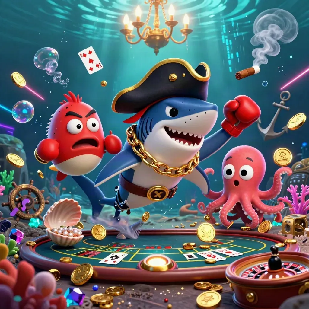 Pirate shark, boxing pufferfish, and coin-juggling octopus in a neon underwater casino cove.