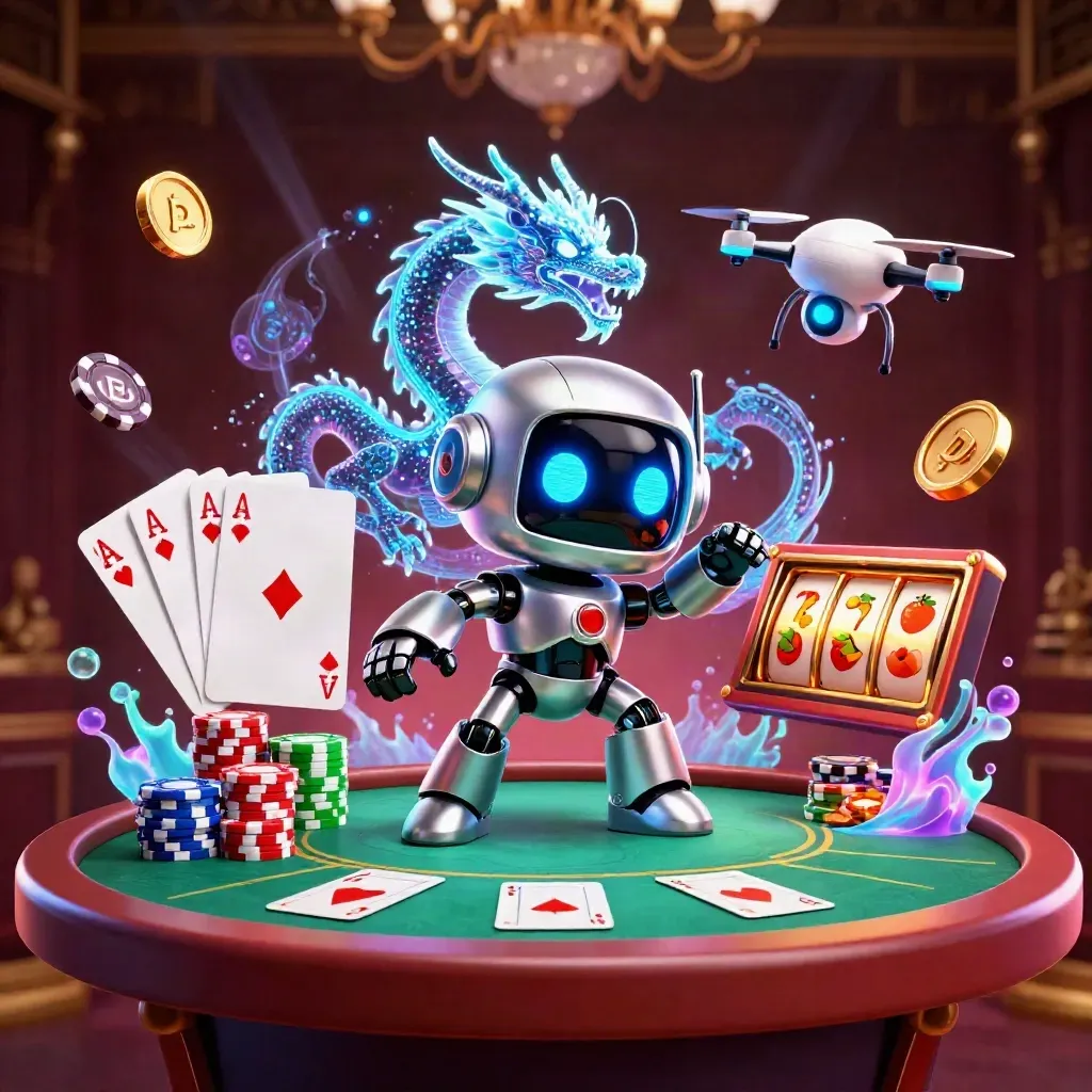 Cyberpunk robot, hologram dragon, and drone amid poker chips, cards, and neon casino effects.