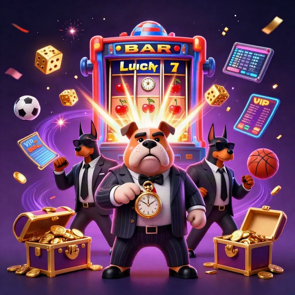 Bulldog boss with two Dobermans amid exploding slots, gold, confetti, fireworks, and neon casino energy.