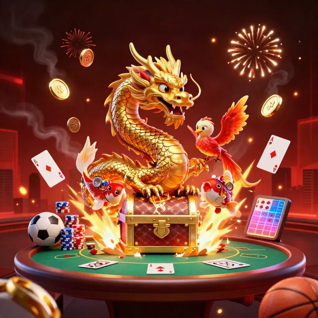 Golden dragon, phoenix, koi, poker chips and coins explode in crimson casino energy.