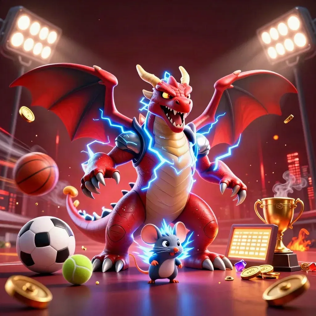 Thunder dragon, wind hawk, and crackling mouse in neon casino key art.