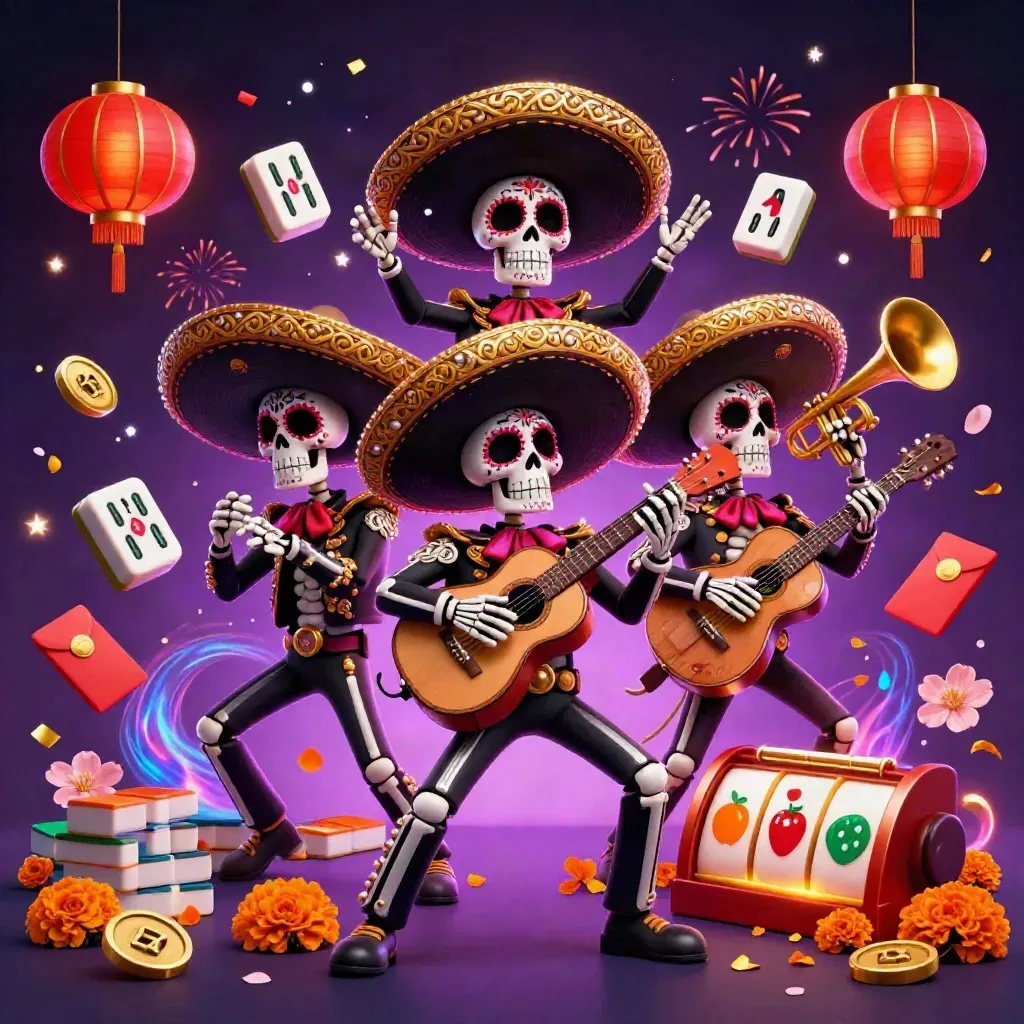 Skeleton mariachi trio in a neon casino burst with tiles, coins, lanterns, and fireworks