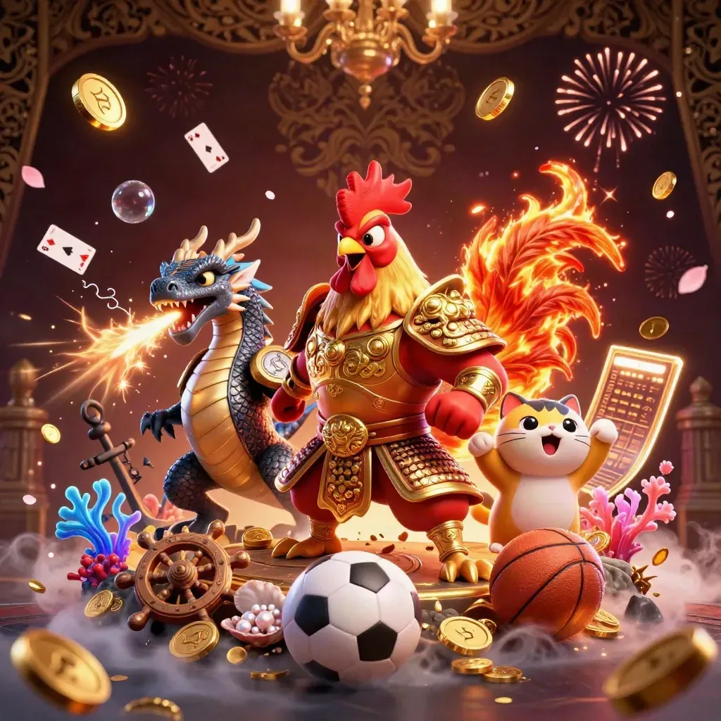 Rooster samurai, spark-breathing hatchling and lucky cat in a casino treasure burst.