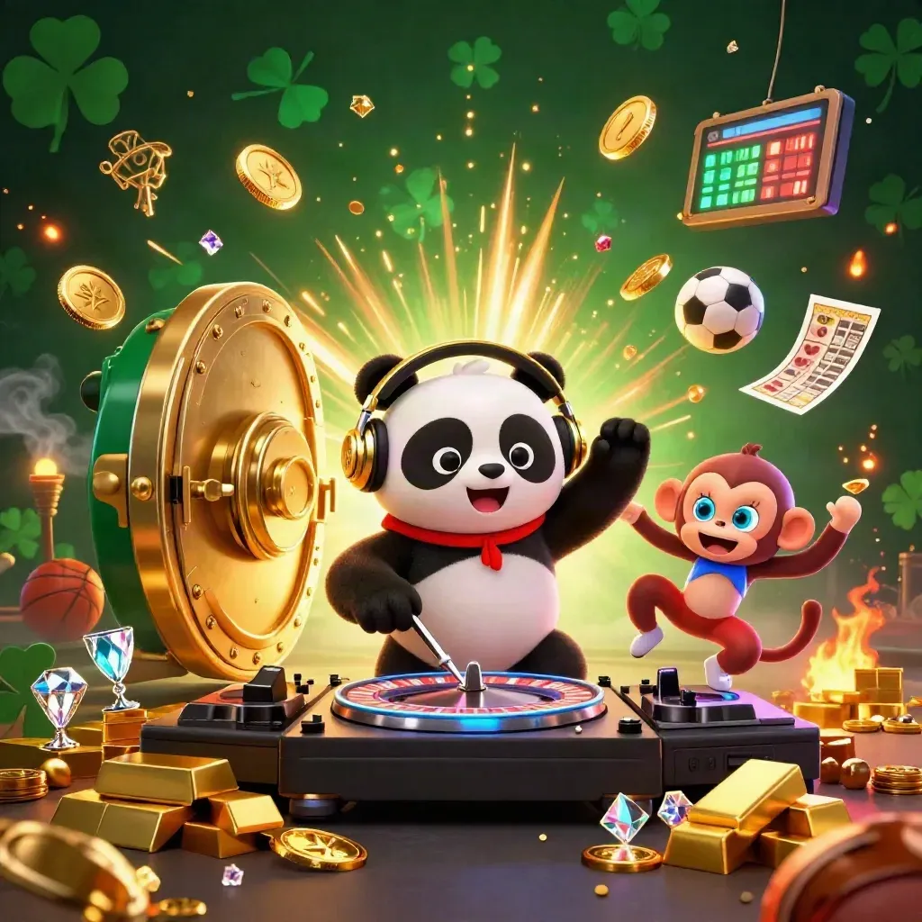 DJ panda, breakdancing monkey, and rave kitten burst from a golden vault with coins, gems, and fireworks.