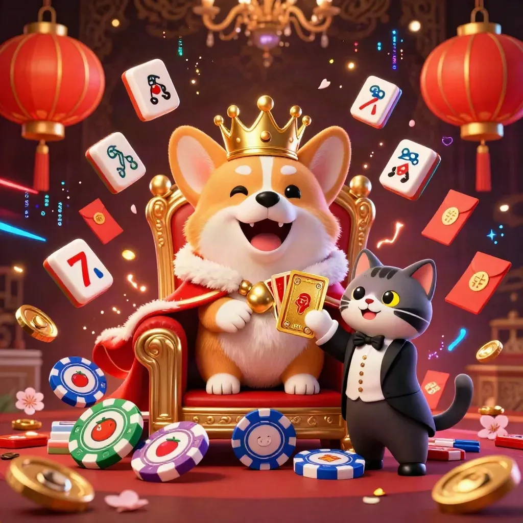 Royal corgi on poker-chip throne with cat butler amid casino luck symbols and neon blue energy