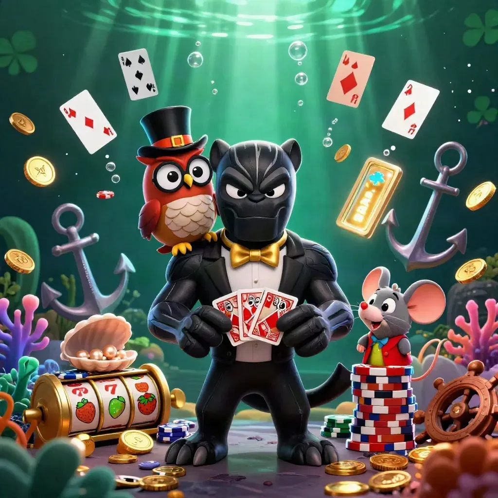 Panther, owl and mouse in luxe casino underwater key art with coins and cards.