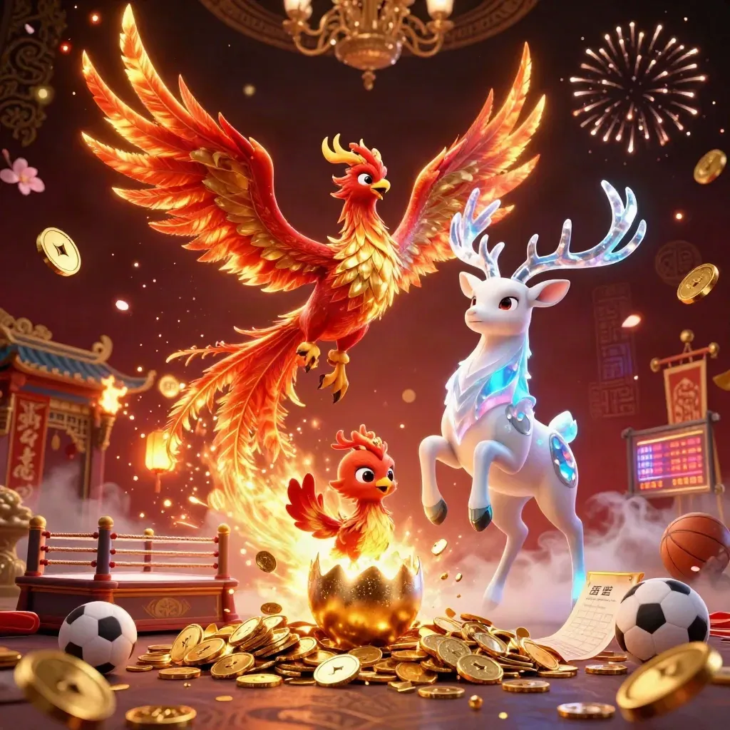 Phoenix, hatching chick, and crystal stag amid treasure, coins, fireworks, and casino energy.