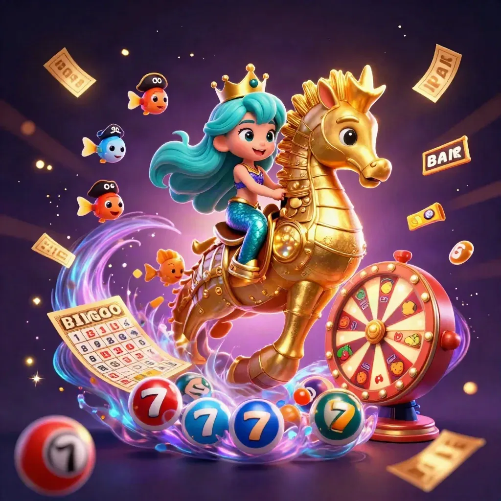 Turquoise-haired mermaid princess on a gold-armored seahorse amid casino reels and glowing fish.