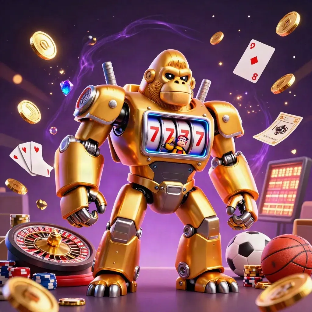 Golden gorilla mech with monkey pilot, coins, roulette wheel, chips, and neon casino lights.