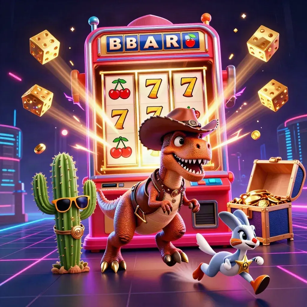 3D cowboy T-Rex, cactus sidekick, roadrunner, exploding slot machine, neon casino energy