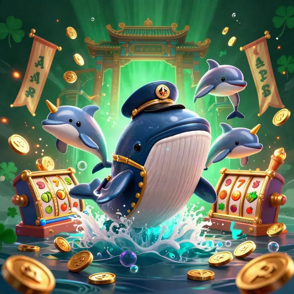 Captain whale, narwhal, and dolphins amid coins, reels, and neon casino effects.