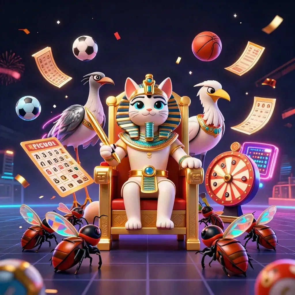 Pharaoh cat on throne with ibis scribe, scarabs, casino icons, neon sports-casino splash art