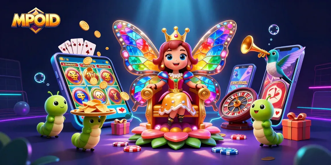 MPOID showcases a vibrant online casino environment with a butterfly queen, engaging gamblers in an exciting game of chance.