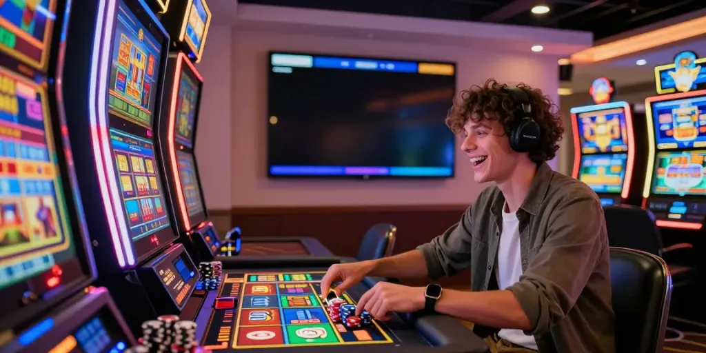 Engaging akunjp online casino scene with a player at a vibrant slot machine.