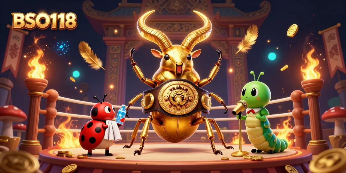 Engage with BSO118 in this vibrant 3D illustration showcasing a boxing beetle in a gaming atmosphere of gold coins and betting tokens.