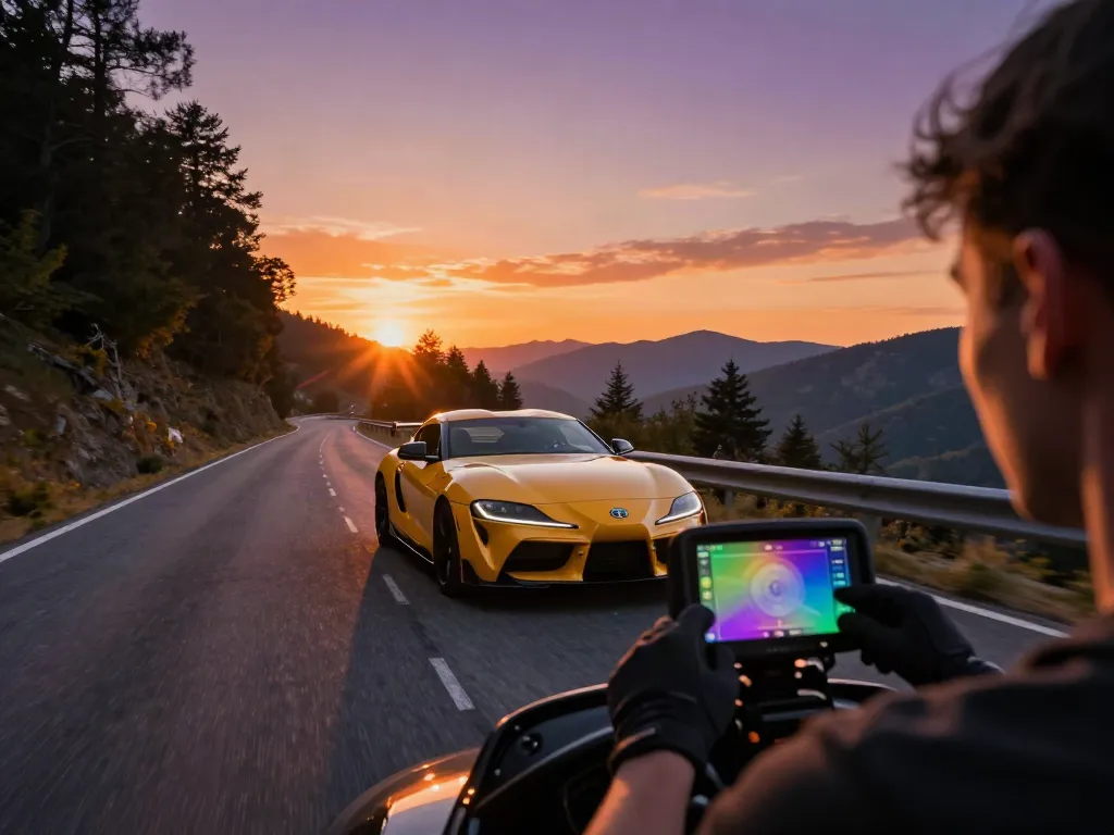 A80 platform Toyota Supra driving on a scenic mountain road at sunset, highlighting the car's design and driving experience.