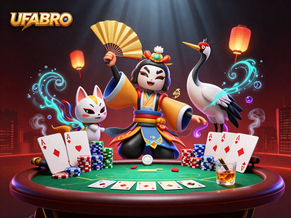 Bet on UFABRO with vibrant poker elements and stunning 3D characters in a casino environment.