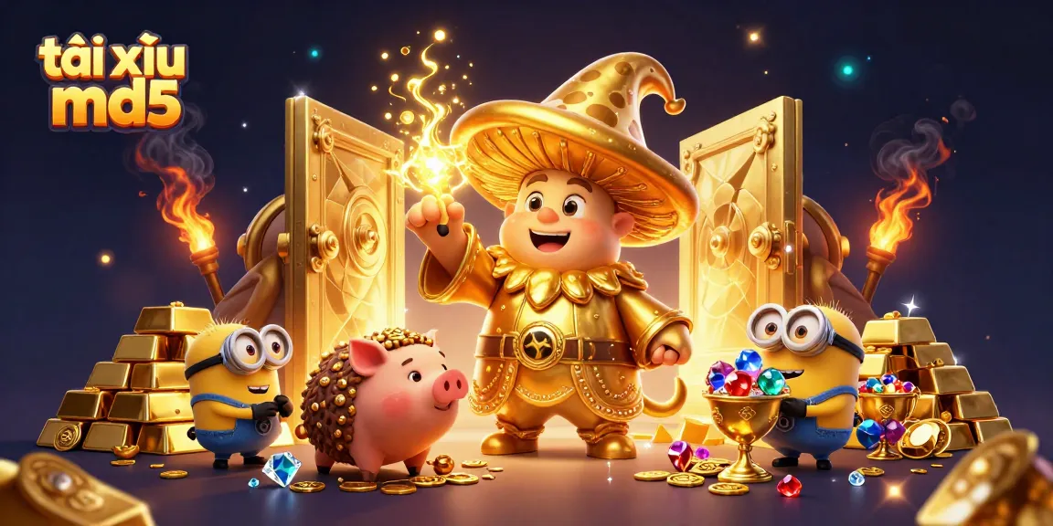 Engage with tài xỉu md5 in a vibrant 3D casino magic scene filled with treasures and excitement.