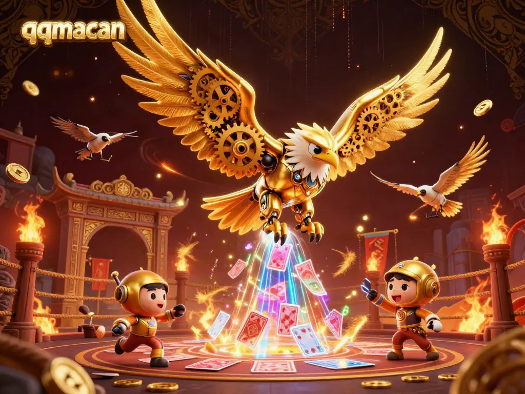 Experience qqmacan with thrilling action from a cybernetic golden eagle diving through holographic cards.