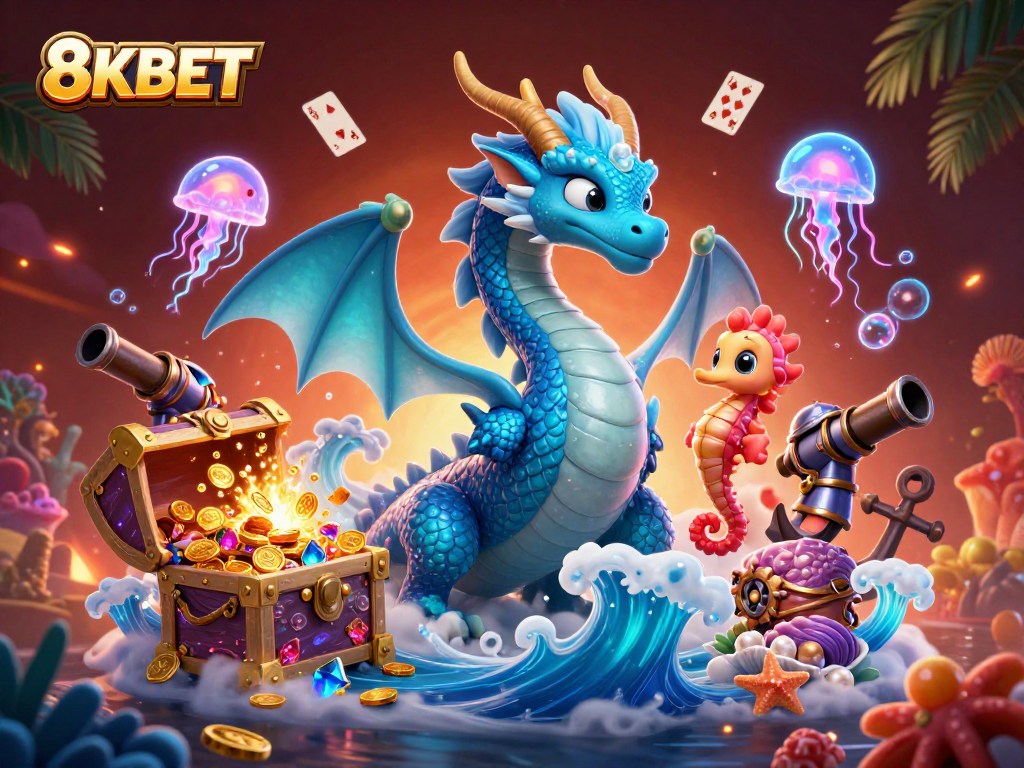Experience thrilling gaming with 8KBET in this vibrant 3D casino illustration featuring oceanic adventure.