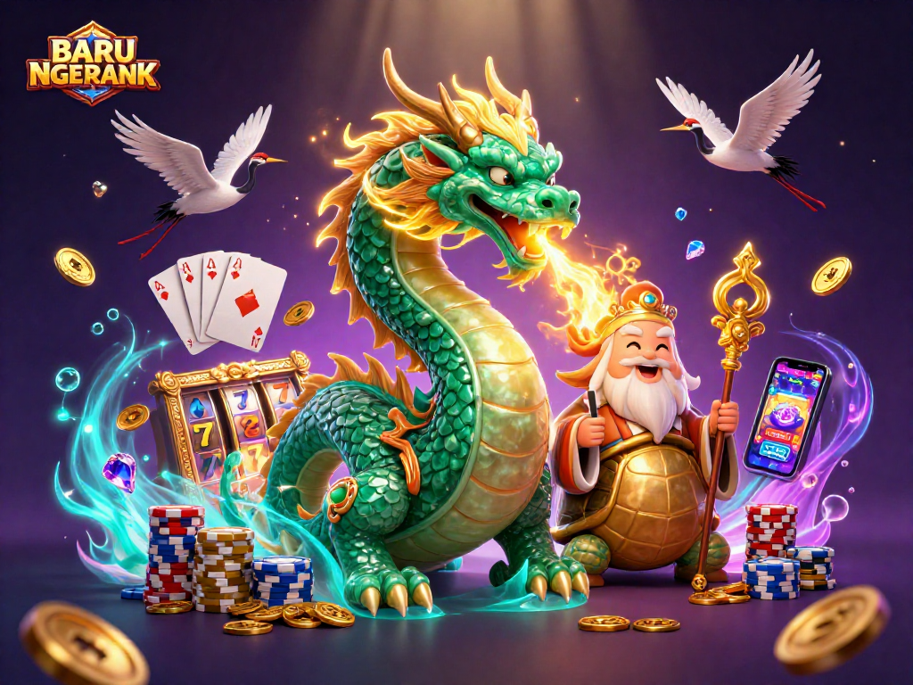Spin big wins with BARU NGERANK featuring a jade dragon, turtle sage, and lucky cranes in a vibrant casino scene.