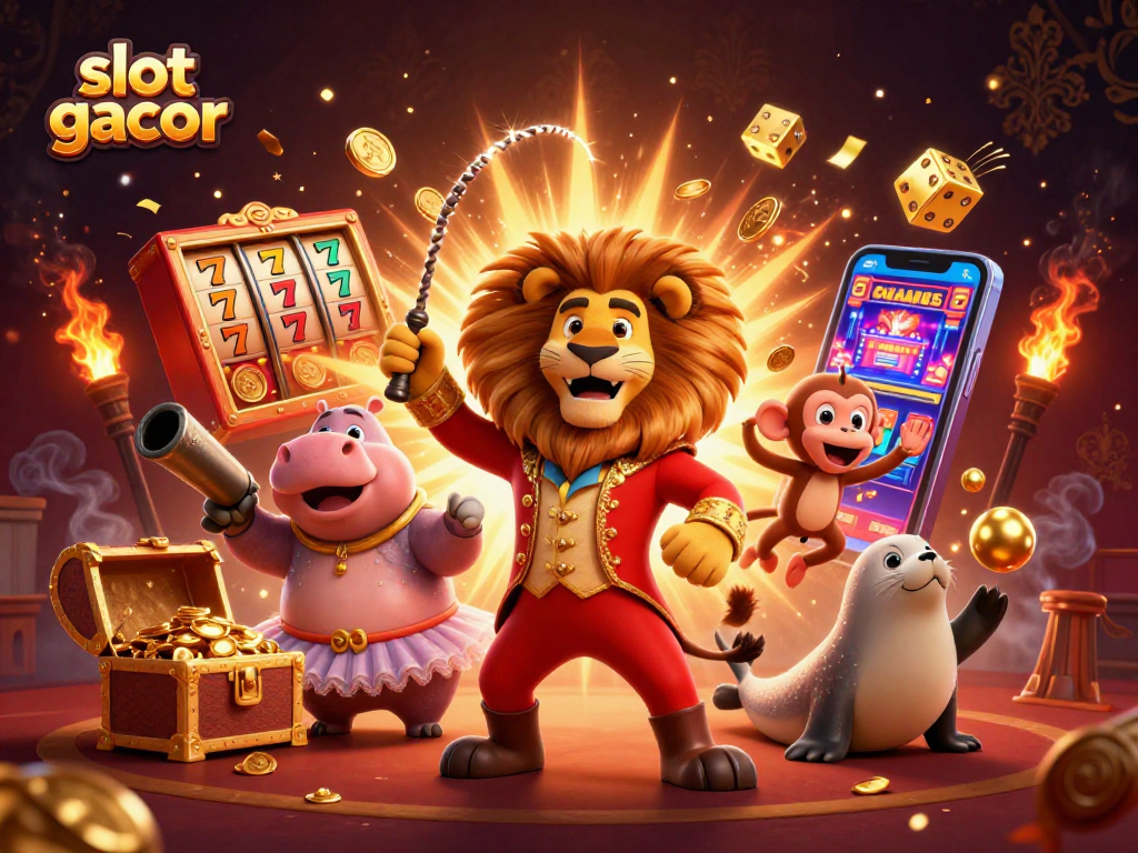 Slot gacor menampilkan karakter kasino dalam adegan penuh warna dengan mesin slot dan koin berkilauan.