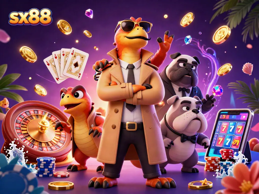 Experience sx88 excitement with raptors entering a VIP casino, surrounded by gold coins and vibrant gaming elements.