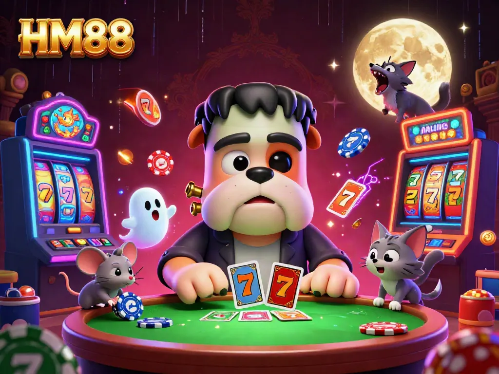 Engage in thrilling gameplay at HM88 as a Frankenstein bulldog dealer hosts an electrifying slots game.