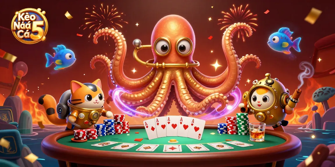Kèo Nhà Cái 5 showcases a thrilling poker scene with a kraken and diving cat celebrating with vibrant colors.