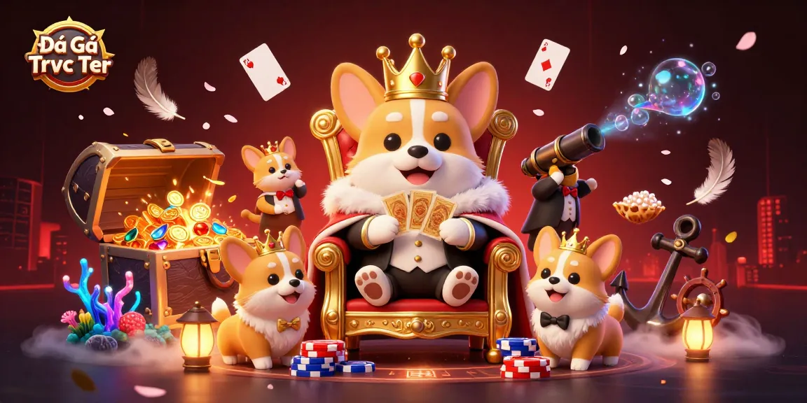 Engage in Đá Gà Trực Tiếp with vibrant elements of excitement and dynamic gameplay, featuring a royal corgi and intricate casino motifs.