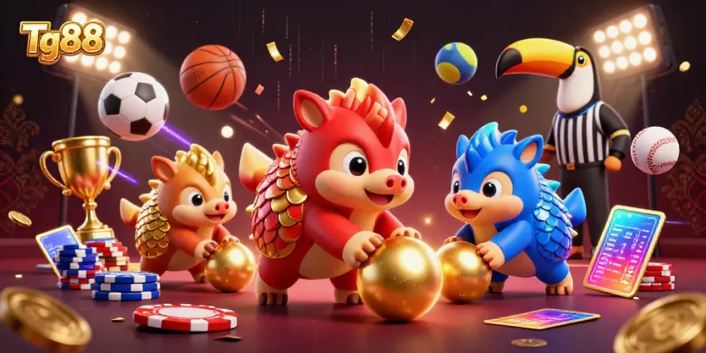 Tg88 pangolin mascots engage in a dynamic casino showdown with golden coins and poker chips.