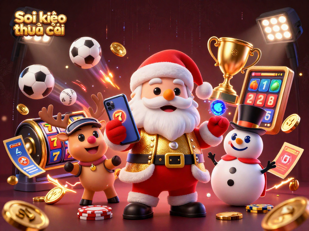 Soi kèo nhà cái showcases a vibrant casino scene with Santa and friends celebrating wins.