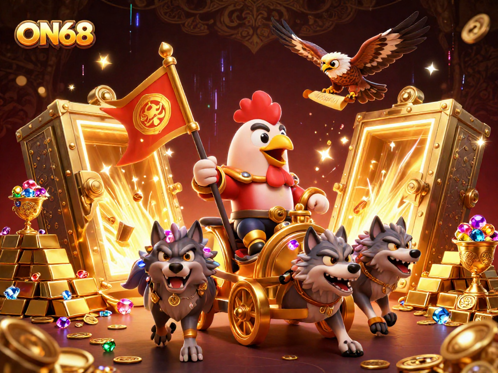 Experience exciting gaming at ON68 with a dynamic scene of a rooster warlord and treasure.