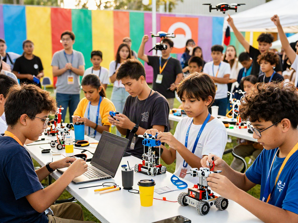 Peserta muda di MERAHTOTO menunjukkan robot kreatif mereka dalam ajang robotika yang meriah.