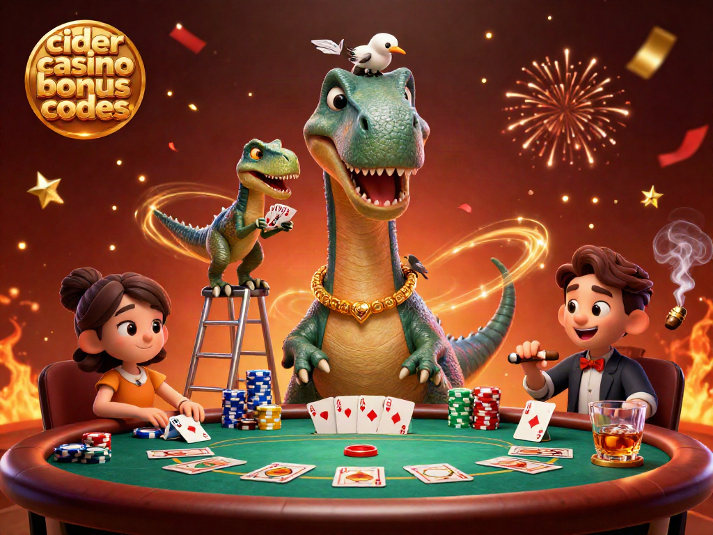 Engage with Cider Casino Bonus Codes to win big at a vibrant poker table featuring dynamic characters.