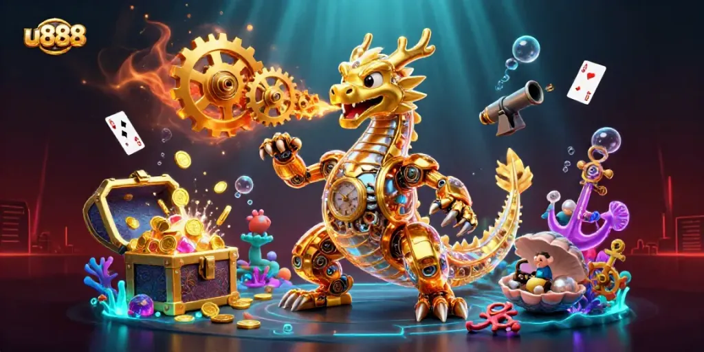 Engage in thrilling gameplay at u888 with our vibrant 3D casino illustration featuring a dragon and rich gems.