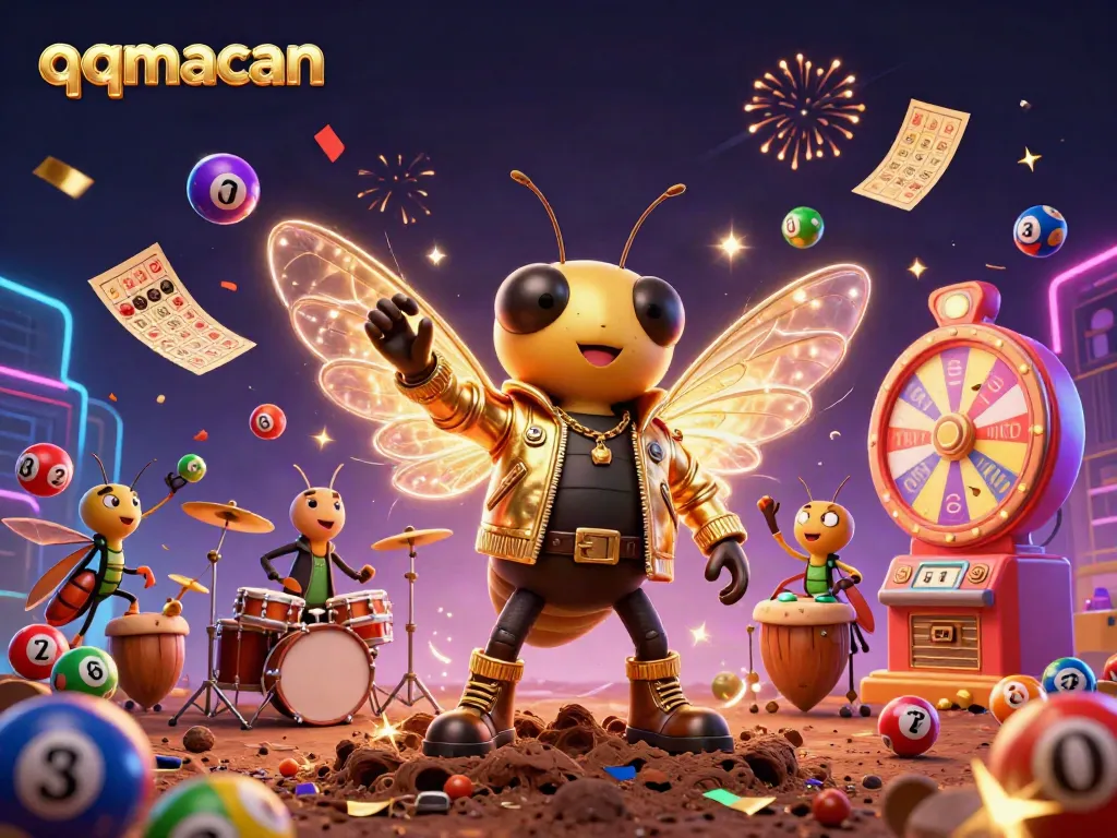 Engage with qqmacan's vibrant casino adventure featuring a rock star cicada and colorful lottery elements.