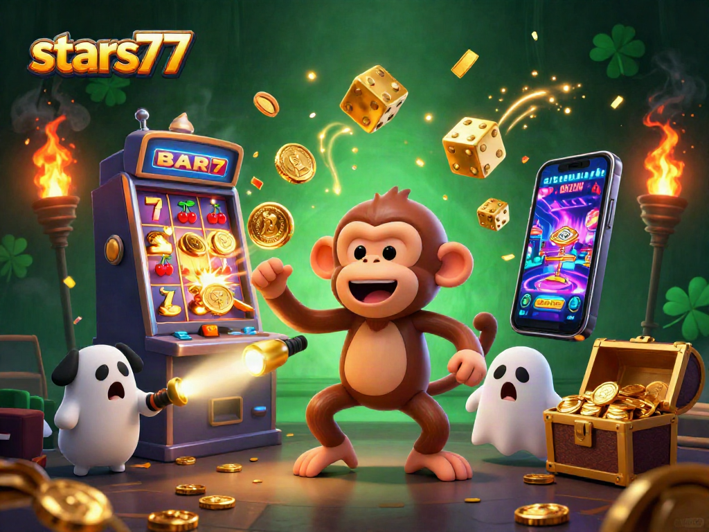 Stars77 menampilkan monyet poltergeist dan anjing pemburu hantu di kasino seram yang penuh koin emas.