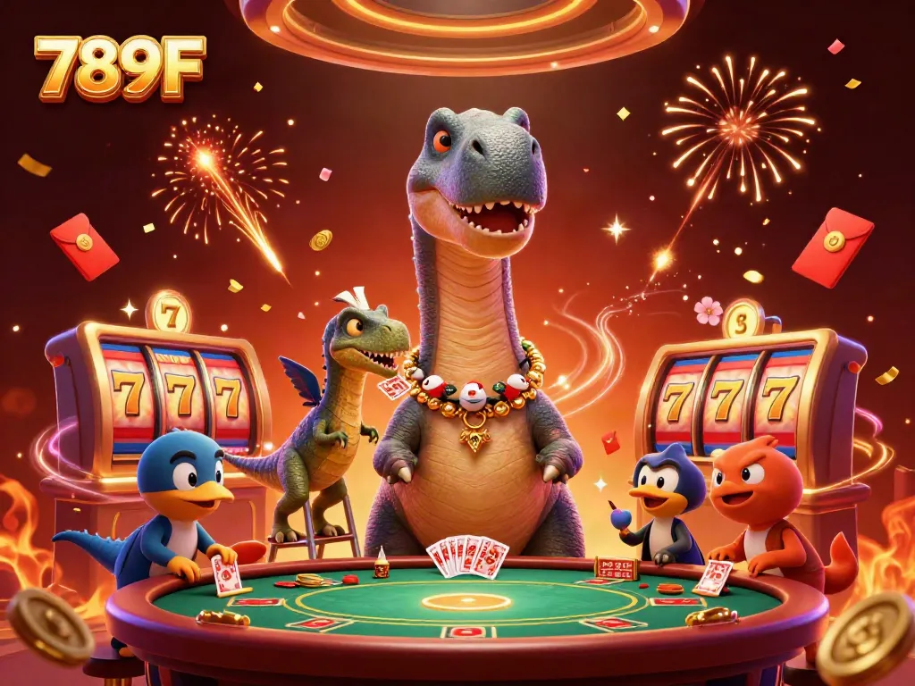 Engage in thrilling games at 789F casino, featuring vivid illustrations of animated characters and exciting slot elements.